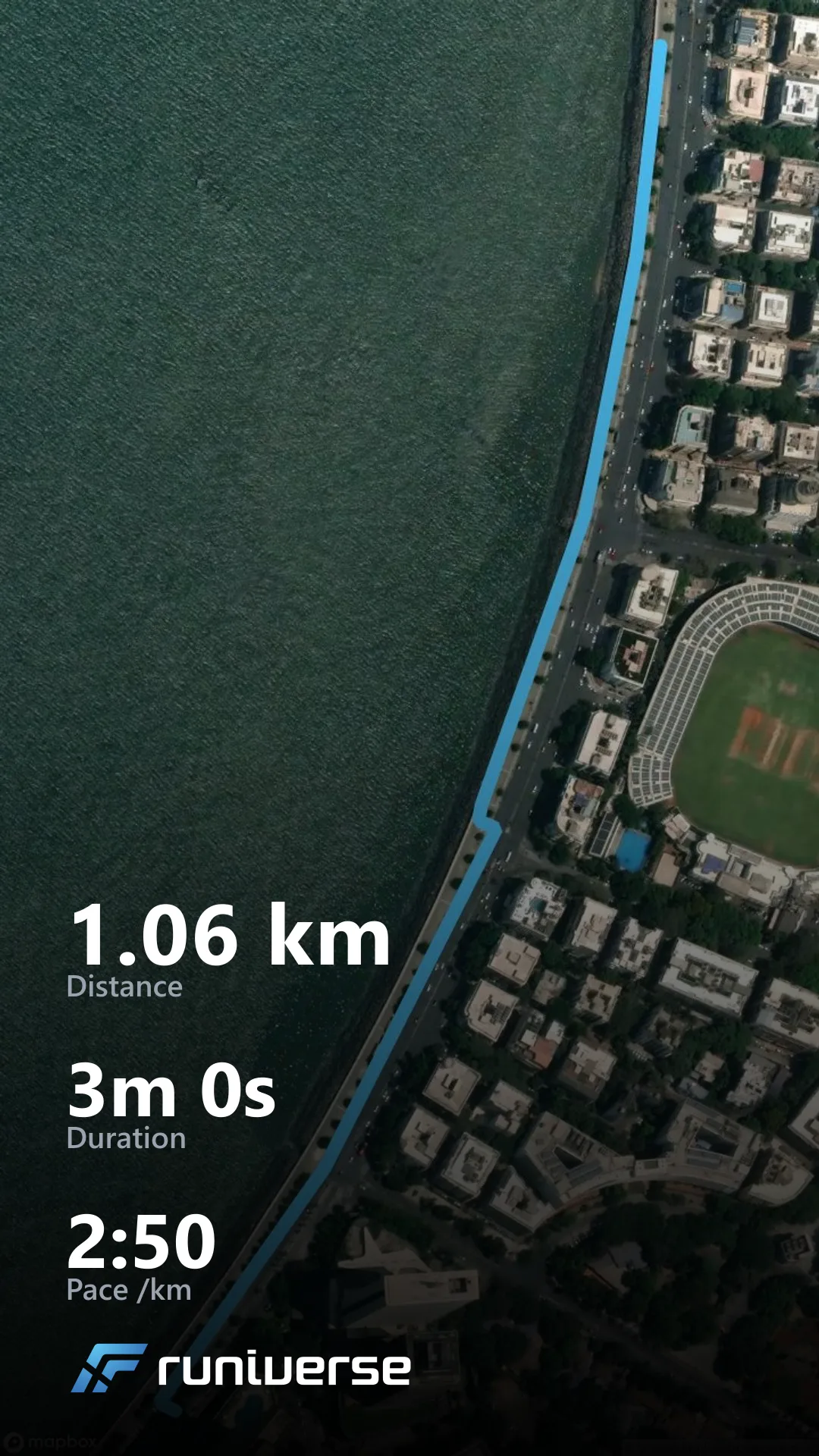 Runiverse tutorial artwork showing a waterfront route and activity statistics