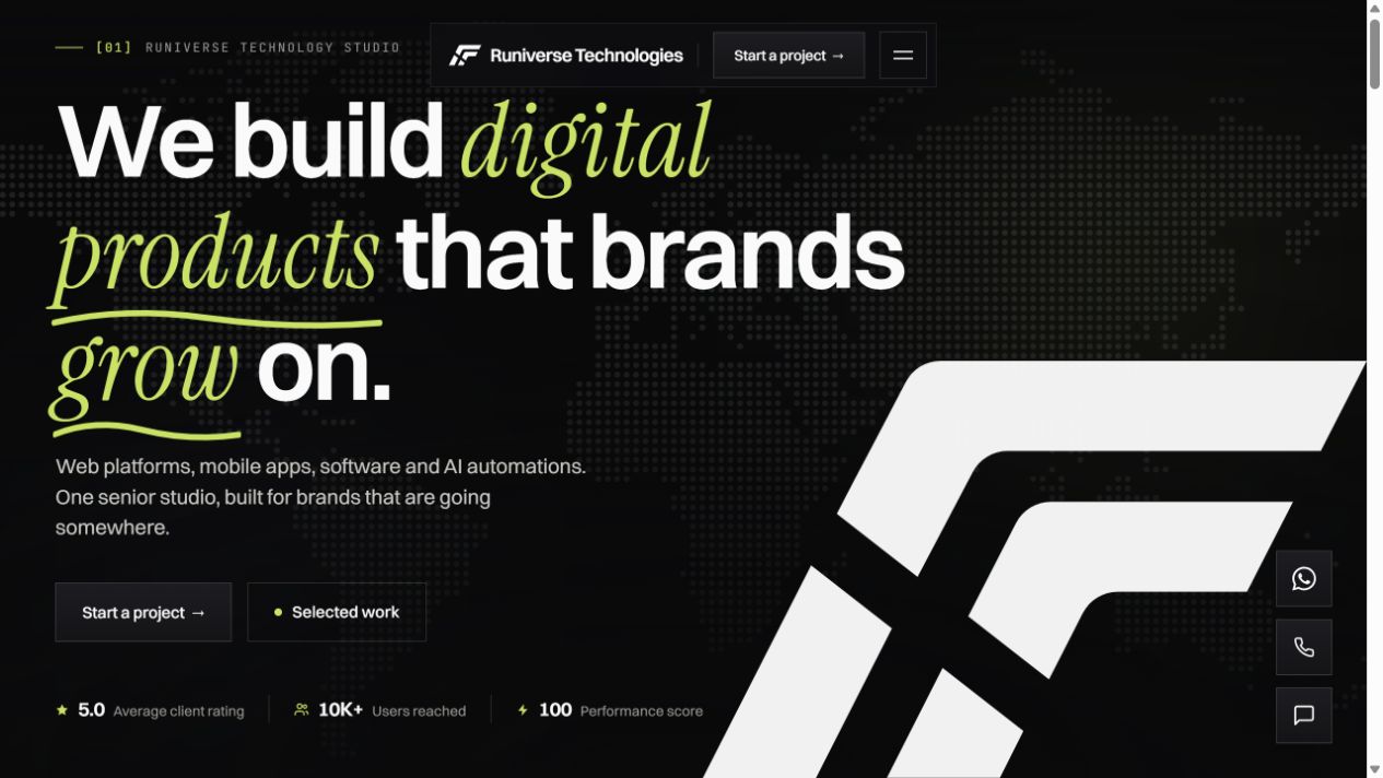 Runiverse Technologies website with a dark dotted world map, pale green serif accents, and a geometric logo